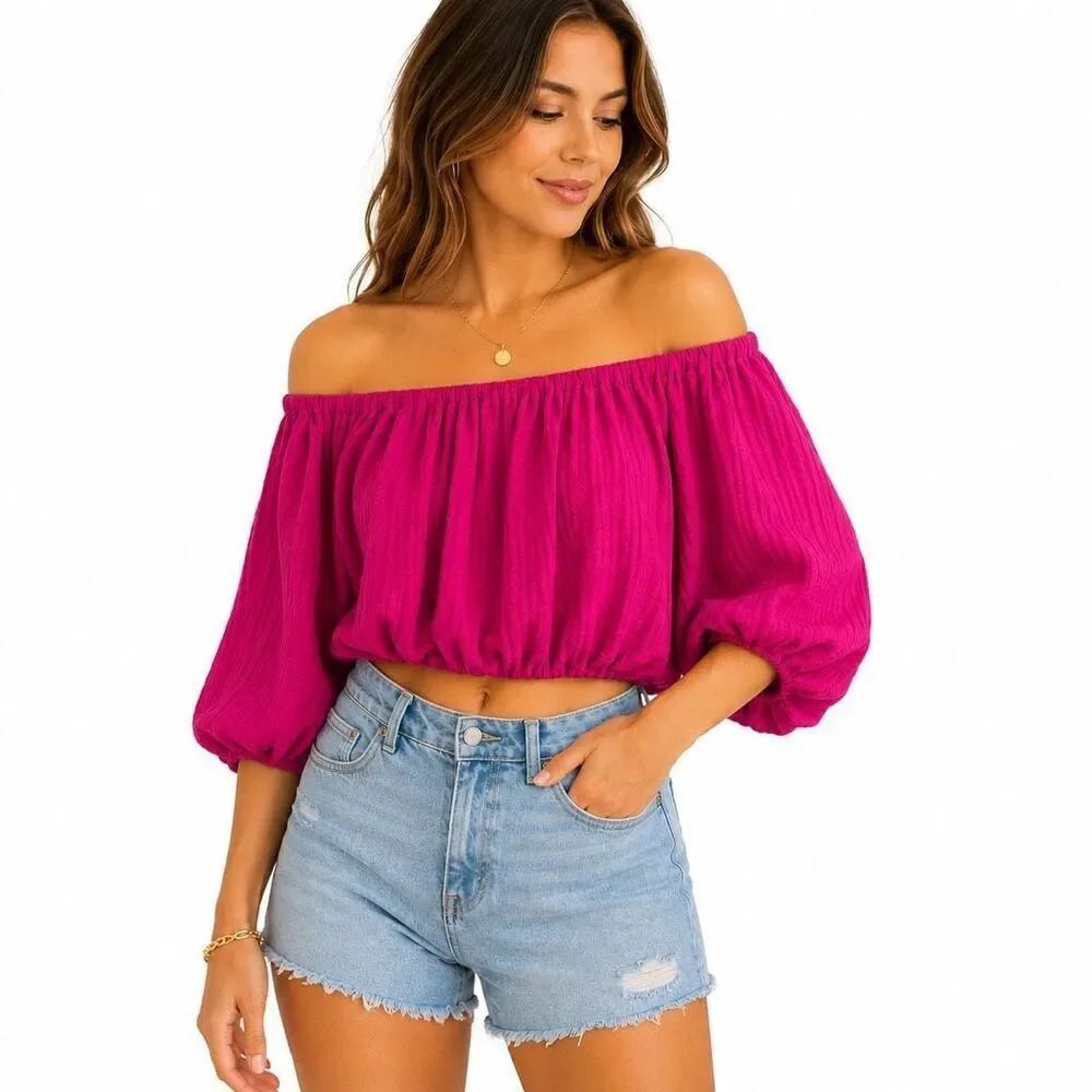 Future Collective x Jenny K. Lopez Fuchsia Gauze Crop Top S Boho Resortwear